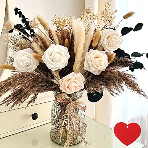 100pcs Artificial Flowers Arrangement With Vase, Dining Table Centerpiece | Dried Pampas Grass Floral Centerpieces Decorations, Fake Flowers in Vase, Coffee Table Decor, Centro de Mesa - size: pampas bouquet in vase