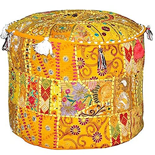 Indian Pouf Footstool, Ethnic Embroidered Pouf Cover - Cotton Round Ottoman - Yellow, 18x13 - color: Yellow, size: 13"D x 13"W x 18"H