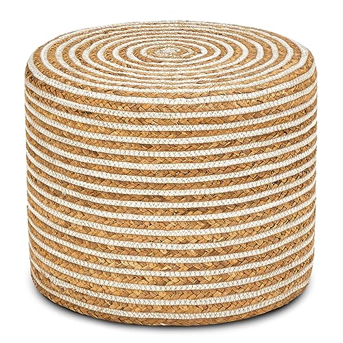 Wimarsbon 18'' Ottoman Pouf, Natural Braided Poof, Rustic Handweave Lounge Pouffe, Boho Footrest Stool for Bedroom, Accent Table or Seat for Living Room (Natural Water Hyacinth + White Cotton Rope) - color: 18inch Natural Water Hyacinth + White Cotton Rop