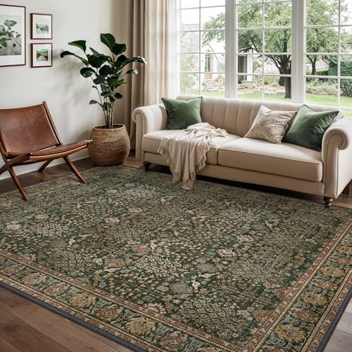 5x7 Washable Area Rug for Living Room, Non Slip, Dark Green Brown | Vintage Floral, Spill Resistant, Lightweight Ultra-Thin Carpet for Bedroom, Dining Room and Office - color: Dark Green Brown, size: 5' x 7' (Rectangular)
