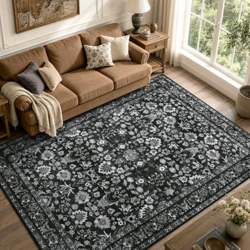 4x6 Ft Area Rugs for Living Room, Soft Non-Slip Machine Washable Rug, Vintage Stain Resistant Carpets for Bedroom Nursery Dining Room Home Decor (Black) - color: F06 Black, size: 4' x 6' (Rectangular)