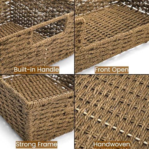 2 Pack Open Front Storage Baskets, Built-in Handles | Brown Paper Rope Woven Basket, 13''L x 10''W x 5''H Pantry Organzier Bins for Shelf, Bedroom, Pantry