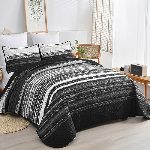 DJY Black Striped Quilt Set Queen Size, Boho Stripe Patchwork Bedspread Coverlet Set Soft Microfiber Quilt Bedding Set 3 Pieces for All Season(90"x96") - color: Black, size: Queen