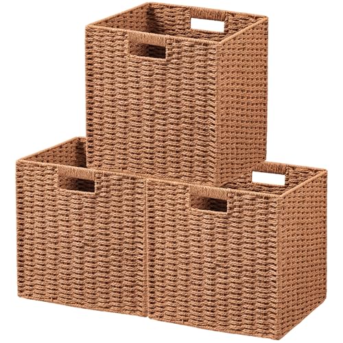 UBBCARE 3 Pack Wicker Basket, 11L×11H×10.5W inch Woven Paper Rope Storage Baskets for Shelves, Foldable Cube Storage bin with Handle, Storage Basket for Organizing & Decor,Caramel - color: Caramel, size: Cube-3pack 11"×11"×10.5"