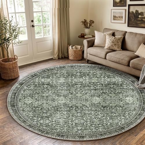 Sasttie Round Rug 8ft, Ultra-Soft Washable Rug for Living Room, Dark Green | 8 feet Thin Carpet for Apartment & Bedroom, Low-Pile Faux Cashmere, Non-Slip Backing, Skin-Friendly, Stain Resistant - color: Dark Green, size: 8' (Round)