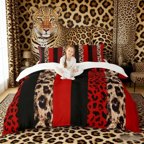Leopard Print Kids Duvet Cover Set King Size,Cheetah Skin Fashion Bedding Set,Girls Boys Adults Room Decor,Geometric Stripes Patchwork Comforter Cover,Red Black Brown Quilt Cover,2 Pillowcases - color: A-leopard 02, size: King 104"x90"