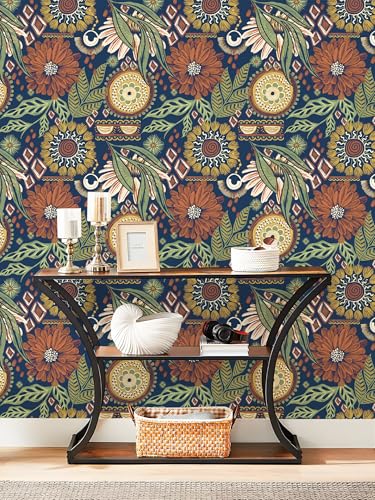 Floral Wallpaper Peel and Stick Renter Friendly Dark Floral Wallpaper | Boho Textured Wallpaper Vintage Stick On Contact Paper for Bedroom Wall Decor, 17.5 x 118 in - color: Navy, size: 17.5" x 118"