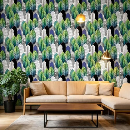 Tropical Abstract Watercolor Green Leaf Peel and Stick | self adhesive Wallpaper - 96''x32'' - color: X07, size: 32" x 96"