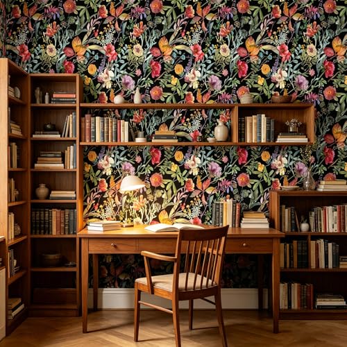Black Flowers Peel and Stick self Adhesive Wallpaper Floral | - 96''x32'' - color: X17, size: 32" x 96"