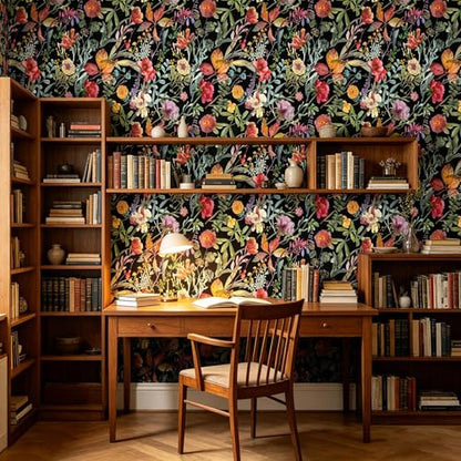 Black Flowers Peel and Stick self Adhesive Wallpaper Floral | - 96''x32'' - color: X17, size: 32" x 96"