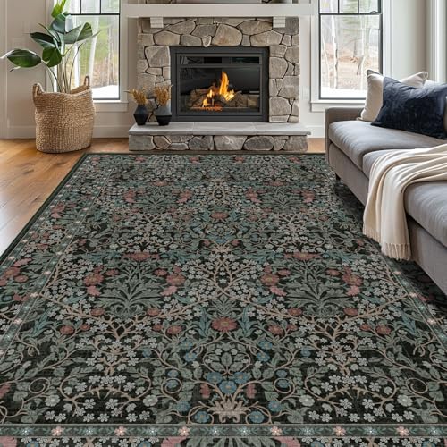 8x10 Washable Area Rugs for Living Room, Stain Resistant Vintage Rugs for Dining Room Under Kitchen Table, Bedroom, Floral Low Pile Non-Slip Large Carpet (8 x 10 Dark Green) - color: Dark Green, size: 8' x 10' (Rectangular)