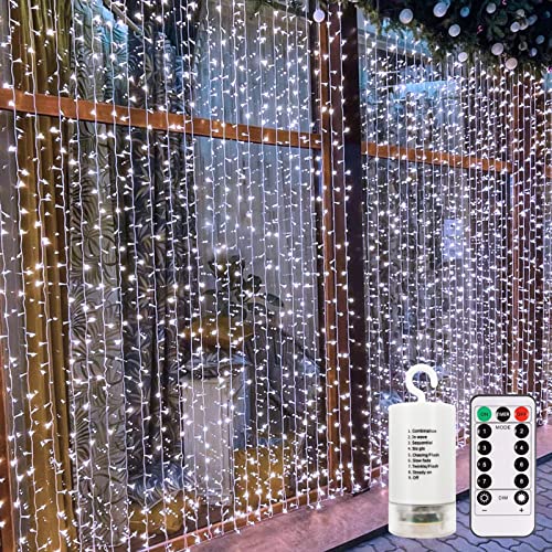 echosari 9.8Ft×9.8ft Curtain Lights Battery Operated with Remote Cool White | 300 LED Hanging Light Timer Fairy Curtain Lights for Bedroom Patio Wedding Backdrop Party Decór - color: Cool White, size: 10Ft x 10Ft