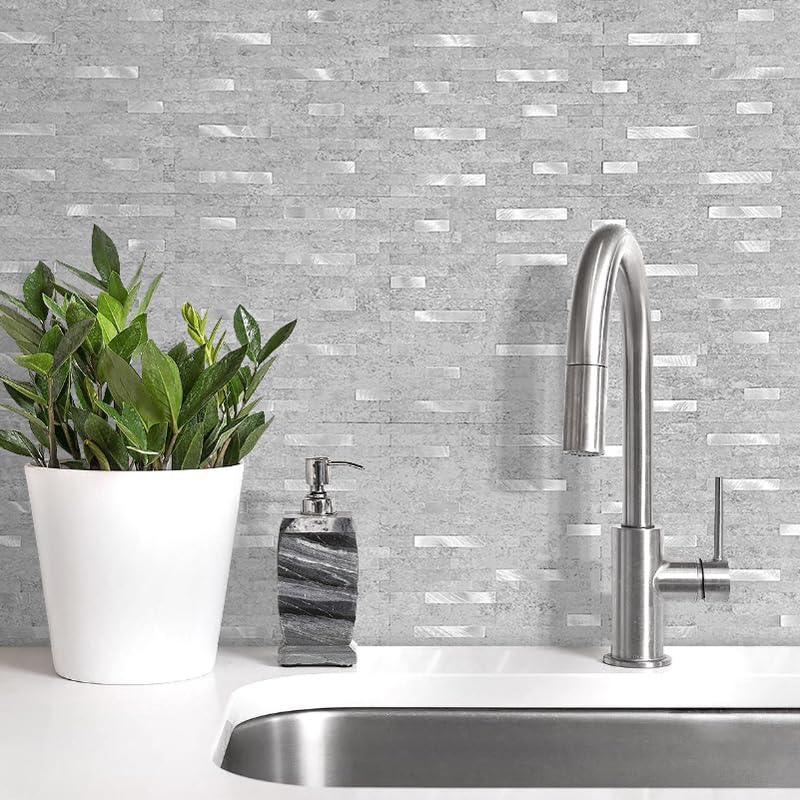 DICOFUN 10 Sheets Peel and Stick Backsplash Wall Tiles, PVC Kitchen Backsplash Peel and Stick in Grey, 9.4 sq.ft - color: Grey and Metal Silver, size: 10 Sheets, 12’’x12’’x0.12’’
