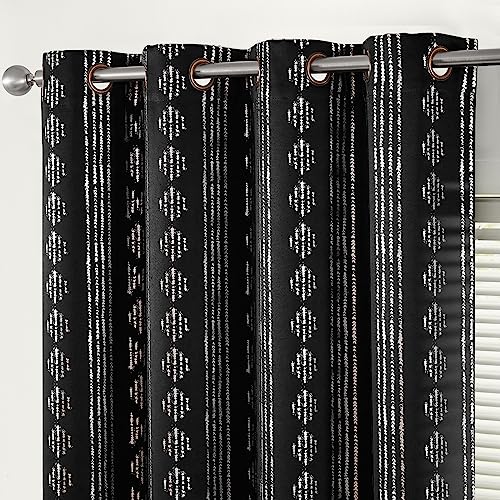 jinchan Boho Blackout Curtains 63 Inch Length for Bedroom Living Room | Silver on Black Geometric Foil Printed Grommet Curtains Room Darkening Thermal Insulated Window Treatments 2 Panels - color: Boho | Silver on Black, size: 52"W x 63"L (Pack of 2)