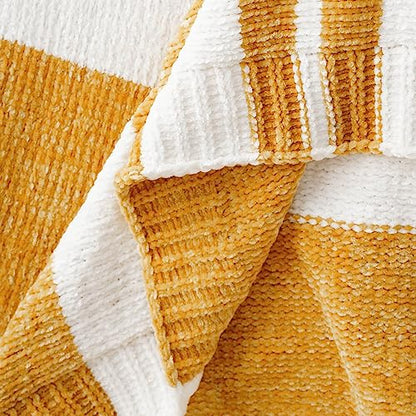 BATTILO HOME Mustard Yellow Throw Blanket for Couch, Soft Chenille Throw Blanket Knit Throw Blankets for Bed, Sofa,Chair, Farmhouse Throw Blankets, Fall Throw Blanket,51"x67" - color: Yellow and White Striped