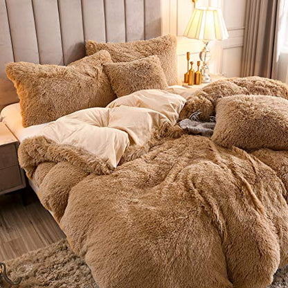 Faux Fur Velvet Fluffy Bedding Duvet Cover Set Down Comforter Quilt Cover with Pillow Sham, Ultra Soft Warm (Twin, Camel) - color: Camel, size: Twin