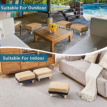 Wimarsbon Natural Seagrass Footstool Ottoman Rectangular Footrest Pouf Ottomans with Wooden Legs Hand Weave Step Stool for Living Room Bedroom Entryway Black - color: Black, size: 12"D x 16.5"W x 9.5"H