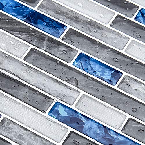 Art3d Peel & Stick Brick Kitchen Backsplash Self-Adhesive Wall Tile Stone Design, 10 Sheets, Blue Marlbe, 30 * 30cm | Moisture Resistant, Strong Adhesive, Sturdy, Cleanable, Easy to Install, for Kitchen, Laundry Room, Ideal for New Home Buyers