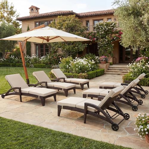 Patio Chaise Lounge Set of 6, Wicker Lounge Chairs Outdoor with Wheels, Heavy Duty Lounger Chair Outdoor, Wicker Chaise Lounges with Armrests All Weather, Khaki - color: Khaki, size: 6 pack