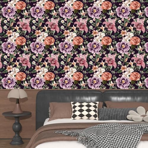 Dark Rose Peel and Stick Wallpaper 17.5" x 118",Purple | Self Adhesive/Removable/Waterproof/Thick Vinyl Contact Paper for Bathroom Bedroom Shelf Cabinet Drawer,Prepasted,Easy Peel - color: Red&Purple, size: 118" x 17.5"