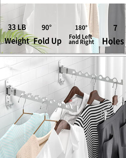 Dr.DJ Wall Mount Coat Hanger Holder Silver Clothes Drying Organizer Rack Garment Hooks Aluminium Retractable Folding Indoor Wall Mounted Hanger Space Saver for Laundry Room Bedroom (2 Racks) Silver - color: Silver 2 Racks