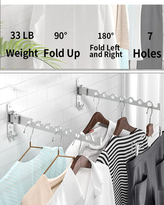Dr.DJ Wall Mount Coat Hanger Holder Silver Clothes Drying Organizer Rack Garment Hooks Aluminium Retractable Folding Indoor Wall Mounted Hanger Space Saver for Laundry Room Bedroom (2 Racks) Silver - color: Silver 2 Racks