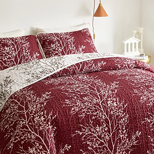 3 Pieces Christmas Quilt Set Burgundy Red Branch Queen Size 88x88 Soft Microfiber Lightweight Coverlet Bedspread New Year Holiday Bedding Set Bed Cover for All Season (1 Quilt+ 2 Shams) - color: Red Branch, size: Queen(88x88)