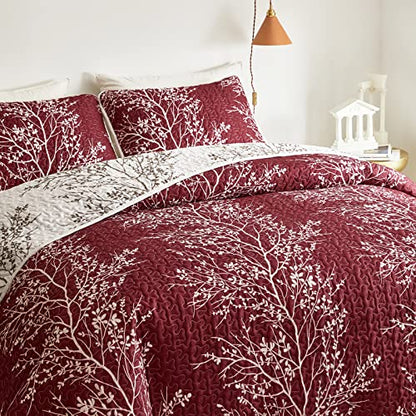3 Pieces Christmas Quilt Set Burgundy Red Branch Queen Size 88x88 Soft Microfiber Lightweight Coverlet Bedspread New Year Holiday Bedding Set Bed Cover for All Season (1 Quilt+ 2 Shams) - color: Red Branch, size: Queen(88x88)