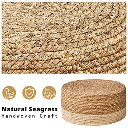 Cpintltr Foot Stool Natural Seagrass Hand Weave Poufs Round Ottoman for Couch Desk Soft Step Stool Padded Foot Rest with Non-Skid Pine Legs for Hallway Office Lounge Natural/White - color: White