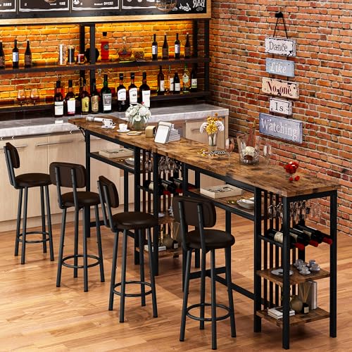 Recaceik 59" Bar Dining Table Set for 2, Bar Table and Chairs Set, Expandable Counter Height Dining Table Set, Small Kitchen Bar Table with Wine Racks & Storage, Breakfast Nook Set for Small Space - size: 59 inches