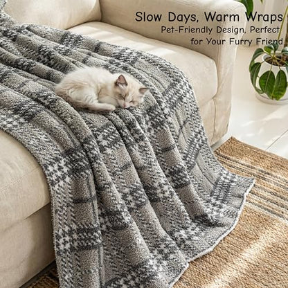 Fuzzy Knit Checkered Throw Blanket 50"x60" Fleece Blanket Grey | Breathable Use for All Seasons, 550GSM Soft Cozy Skin Friendly Touch for Couch Bed Office Chair Wrapping, Machine Washable
