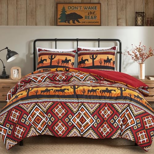 Chezmoi Collection Barrett 3-Piece Southwestern Sunset Cowboys Comforter Set - Multicolor Red Orange Black White Printed Washed Microfiber Bedding, Full - color: Multi Rodeo Cowboy Sunset, size: Full