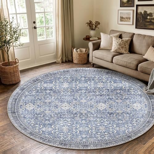 Sasttie Round Rug 8ft, Ultra-Soft Washable Rug for Living Room, Blue | 8 feet Thin Carpet for Apartment & Bedroom, Low-Pile Faux Cashmere, Non-Slip Backing, Skin-Friendly, Stain Resistant - color: Blue, size: 8' (Round)