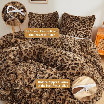 XeGe Cheetah Print Fluffy Faux Fur Duvet Cover Set, Queen, Leopard Brown | 3 Pieces Soft Plush Shaggy Fuzzy Bedding Set(1 Faux Fur Leopard Print Comforter Cover + 2 Furry Pillowcases), Zipper Closure - color: Cheetah Print Brown, size: Queen