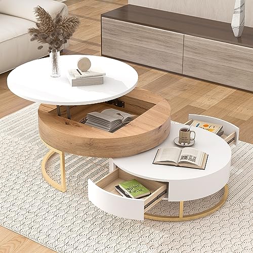 Modern Round Lift-top Nesting Coffee Tables with 2 Drawers for Living Room White & Natural - color: Oak Natural Wood + Antique White