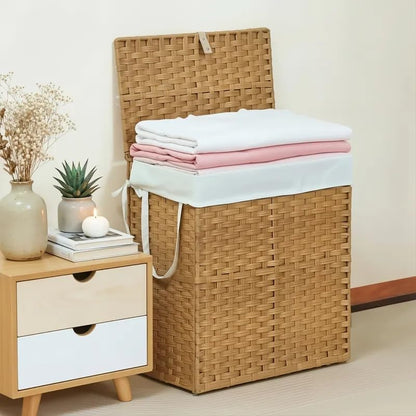 Laundry Hamper with Lid, 110L Foldable Laundry Basket with Removable Liner Bags, Handwoven Synthetic Rattan Clothes Hamper for Bathroom, Bedroom, Laundry Room, Yellow - color: Yellow-110L