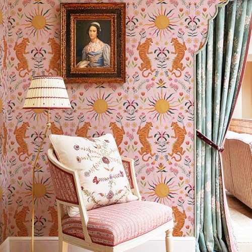 Pink Tiger Peel and Stick Wallpaper - Tropical Tiger Boho Removable Self Adhesive Jungle Animal Wall Paper for Bedroom, Living Room, Nursery Waterproof DIY Wall Decor (17.3" x 480") | Waterproof Removable Self Adhesive Wallpaper, Boho Jungle Animal Contac