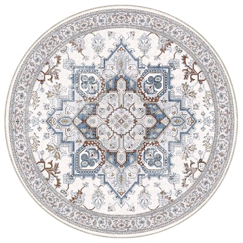 OPPODREAM Soft Area Rugs 4', Persian-Inspired Washable Rug, Cream White & Blue - color: Cream White & Blue, size: 4' (Round)