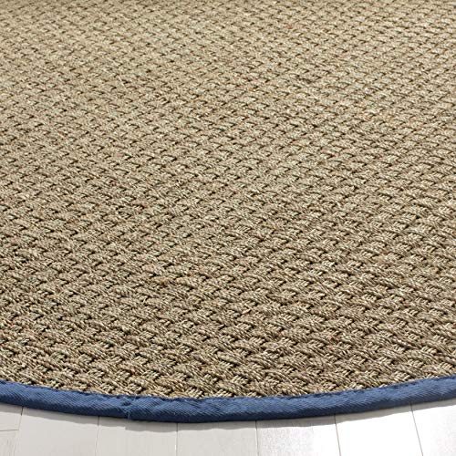 SAFAVIEH Area Rug 4' Round - Natural Fiber Collection - Natural & Navy, Seagrass, Basketweave Pattern with Border (NF114T) - color: Natural/Light Navy, size: 4' (Round)