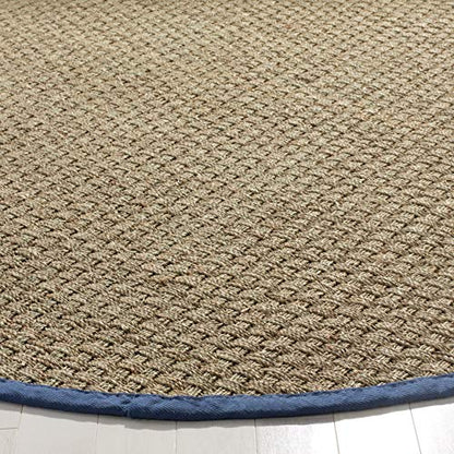 SAFAVIEH Area Rug 4' Round - Natural Fiber Collection - Natural & Navy, Seagrass, Basketweave Pattern with Border (NF114T) - color: Natural/Light Navy, size: 4' (Round)