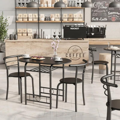 Shahoo 3-Piece Dining Table Set for 2, Kitchen Breakfast Nook Set, Black | 2 Chairs & Round Tabletop, Space Saving Wooden Furniture Metal Frame and Built-in Wine Rack - color: Black