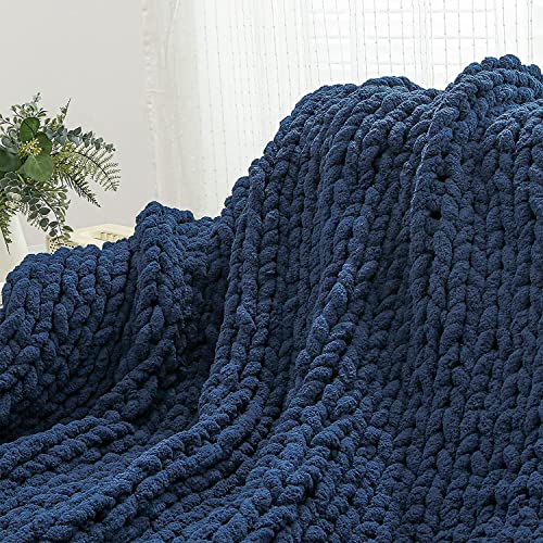 Chunky Knit Chenille Yarn for Hand Knitting Blankets, Super Soft Big Jumbo Blanket Yarn (Navy) - color: Navy