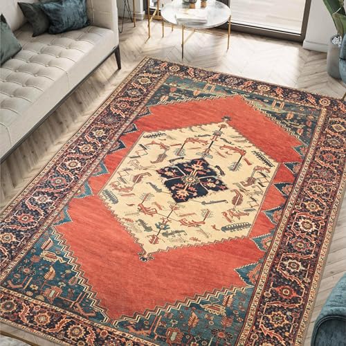 Keen Home Design Vintage Washable Area Rug, Non-Slip Low Pile, 4x6 | Machine Washable Cotton Chenille, 0.25In Low Pile, Rubber Non-Slip Back; Kitchen, Entryway, Bedroom, Dining Room - color: Red / Yellow, size: 4' x 6' (Rectangular)