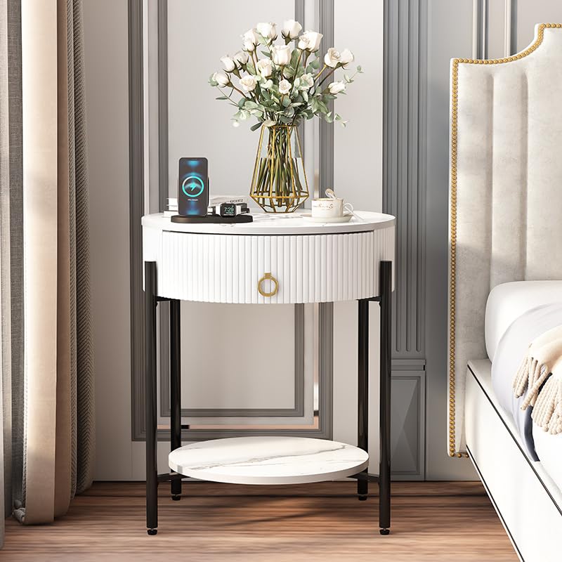 OIOG 2 Tier Nightstand, Bedside Table with Drawer, Sintered Stone/White | Round End Table, Modern Side Table, Drawer, Shelf, Metal Legs, Marbling Natural Stone, Living Room, Bedroom, Dorm, Office - color: White
