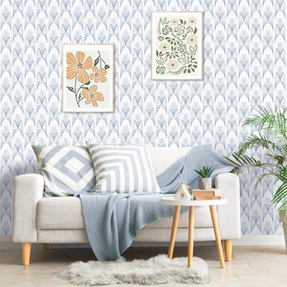 Blue White Geometric Peel and Stick Wallpaper Removable Abstract Vertical Striped Wallpaper Prepasted Boho Geometric Wall Mural 17.7"x160" Waterproof Blue Contact Paper for Bathroom Nursery