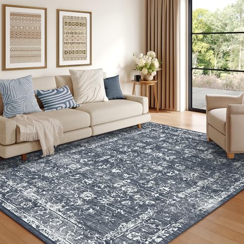 9x12 Navy Washable Area Rugs for Living Room, Neutral Boho Carpet | Low Pile Carpet with Non-slip Gripper Pads,Waterproof,Soft,Indoor,Modern Abstract Style,Suitable for Bathroom,Bedroom,Kitchen - color: Navy, size: 9' X 12' (Rectangular)