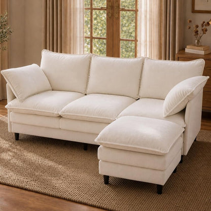 Convertible Sectional Sofa, 69" Small Cloud L-Shaped 3-Seat Couch with Movable Ottoman & Curved Armrest, Modern Chenille Fabric for Living Room, Apartment and Small Space, Beige - color: Beige, size: 3-Seat with Ottoman