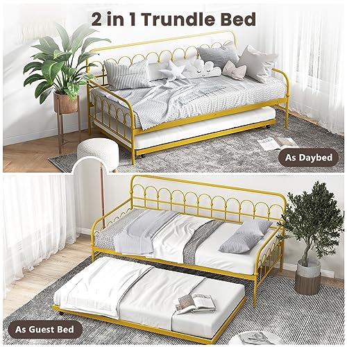 Giantex Twin Daybed with Trundle Gold, Metal Day Bed with Convenient Pull-Out Trundle Bed, Metal Slats, Lockable Universal Wheels, 2-in-1 Daybed Bed Frame for Guest Room, Living Room, Bedroom