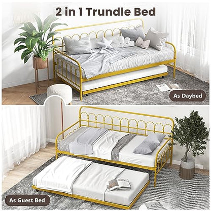 Giantex Twin Daybed with Trundle Gold, Metal Day Bed with Convenient Pull-Out Trundle Bed, Metal Slats, Lockable Universal Wheels, 2-in-1 Daybed Bed Frame for Guest Room, Living Room, Bedroom