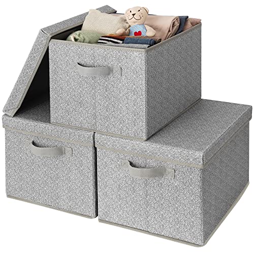 GRANNY SAYS Fabric Boxes with Lids, Storage Bins with Handles, Shelf Bins for Organizing, Extra Large Storage Boxes for Linens Clothes, Decorative Storage Containers, Gray, 3-Pack | Storage Box with Dust Cover, Handles & Lable, Collapsible, Ideal for Clos